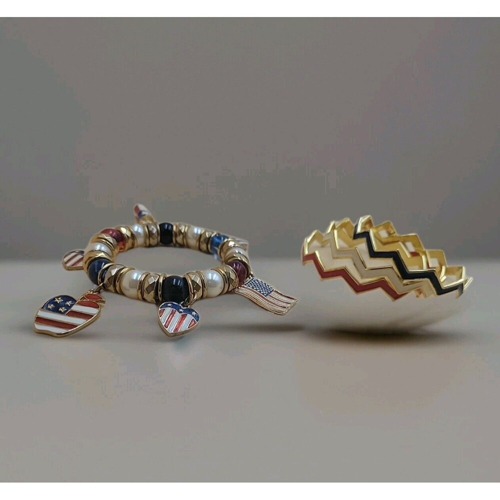 Flag Brooch, Heart Brooch Beaded Charm Bracelet-Red White Blue Bangle Bracelets